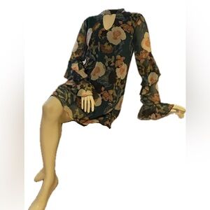 As U Wish Green and Pink Floral A-Line Dress with Ruffled Sleeves